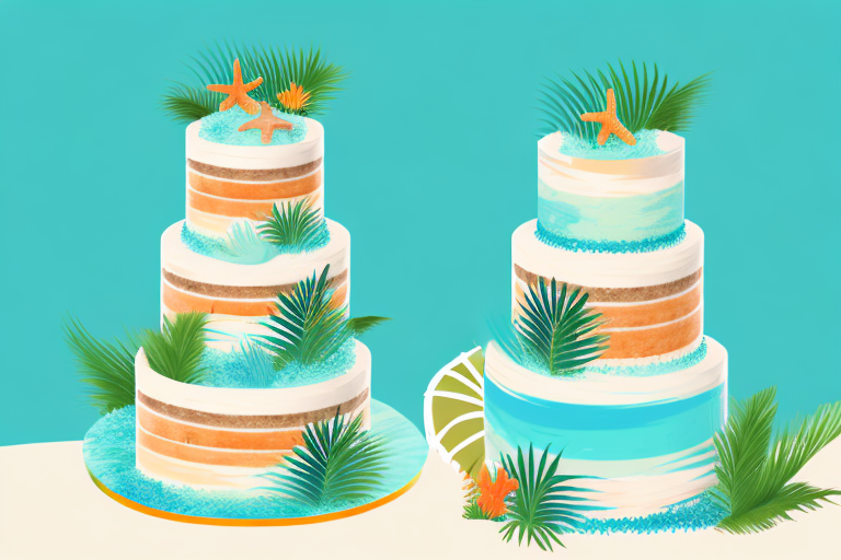 A three-tiered tropical-themed cake with beach-themed decorations