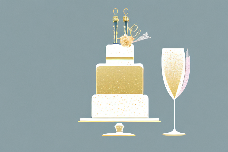 A glamorous wedding cake with champagne-inspired decorations