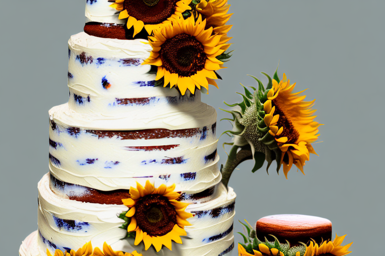 A rustic country wedding cake decorated with sunflowers