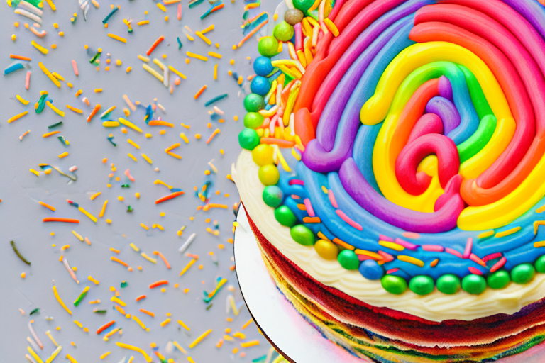 A multi-tiered rainbow cake with decorative frosting and colorful sprinkles