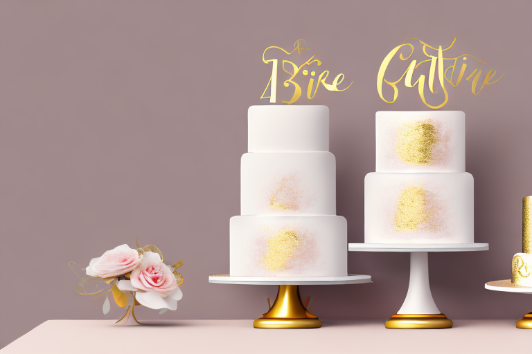 A three-tiered wedding cake with gold and blush icing and decorations