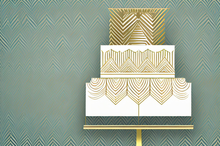 A three-tiered art deco-style wedding cake with gold accents and geometric patterns