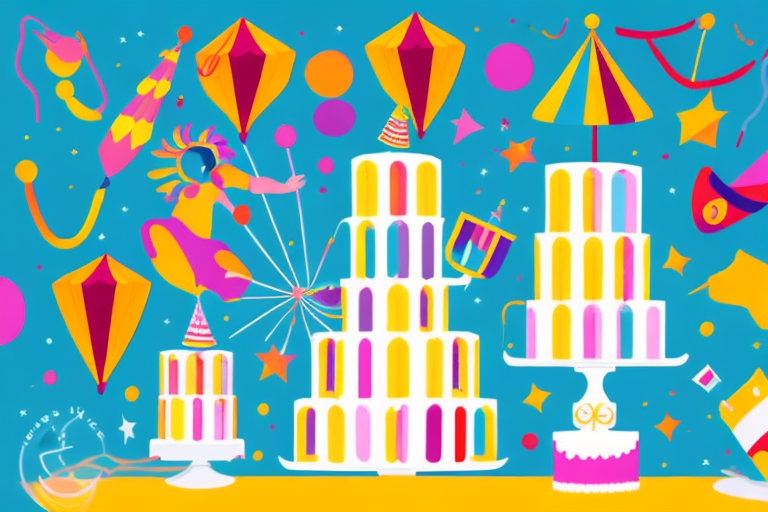 A multi-tiered circus-themed cake with bright colors and fun decorations