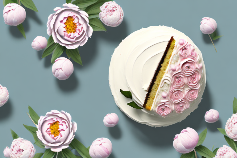 A beautiful peony-inspired cake with a romantic garden setting