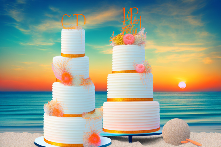 A beach sunset with a multi-tiered wedding cake in the foreground