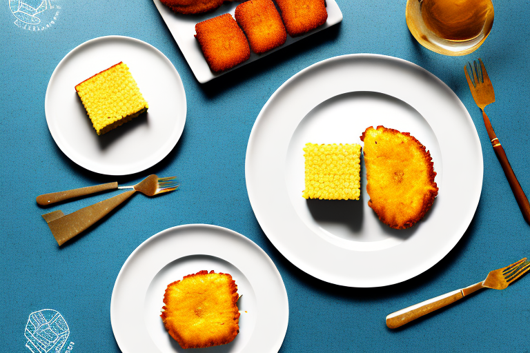 A plate with a piece of cornbread and a corn fritter side-by-side