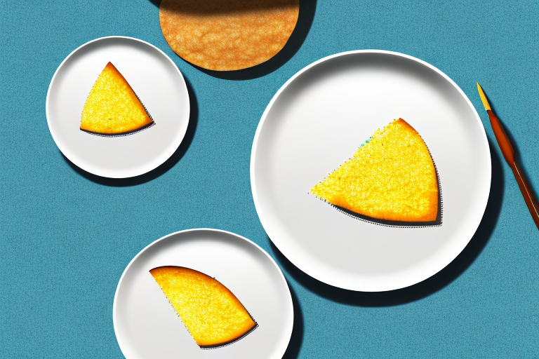 A plate with a piece of cornbread and a corn tortilla side-by-side