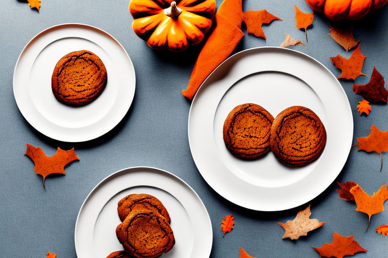 Two plates with a slice of pumpkin bread and a plate of pumpkin cookies