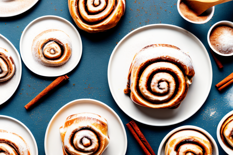 A plate of freshly-baked cinnamon rolls with a sprinkle of cinnamon sugar on top