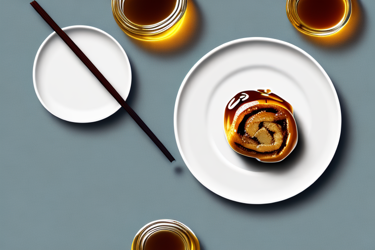 A plate of sticky buns with a bottle of maple syrup beside it