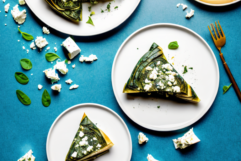 A plate of spanakopita with one side filled with feta cheese and the other side filled with spinach