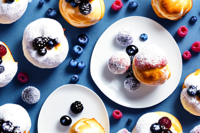 A plate of cream puffs topped with fresh berries and powdered sugar