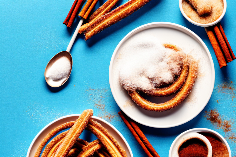 A bowl of churros with a spoon and a plate of cinnamon sugar