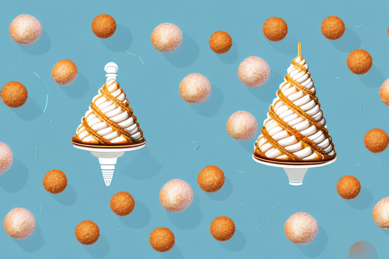 A croquembouche pastry with its individual cream-filled choux buns stacked in a cone shape