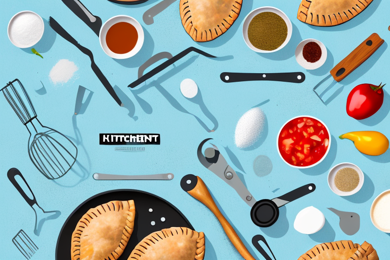 A kitchen countertop with ingredients and tools needed to make empanadas