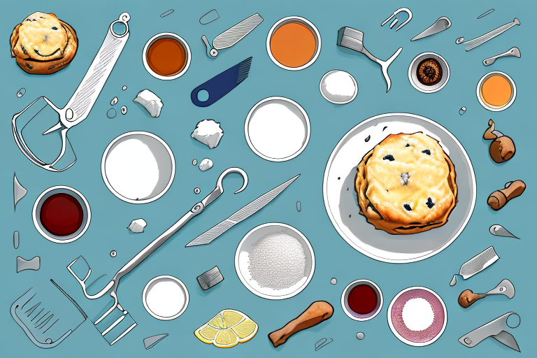 A scone with ingredients and tools needed to make it