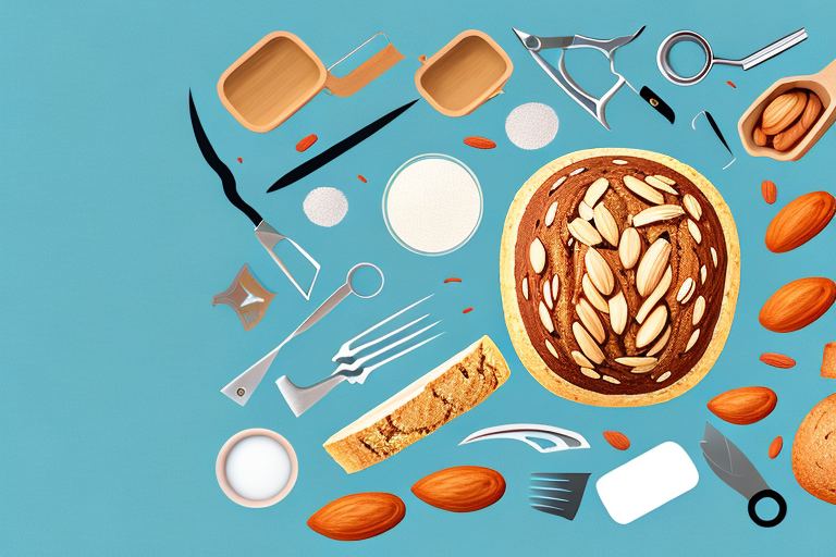 A loaf of almond bread with ingredients and tools needed to make it