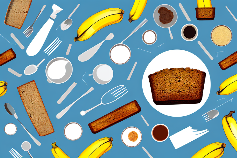 A loaf of banana bread with ingredients and utensils used to make it