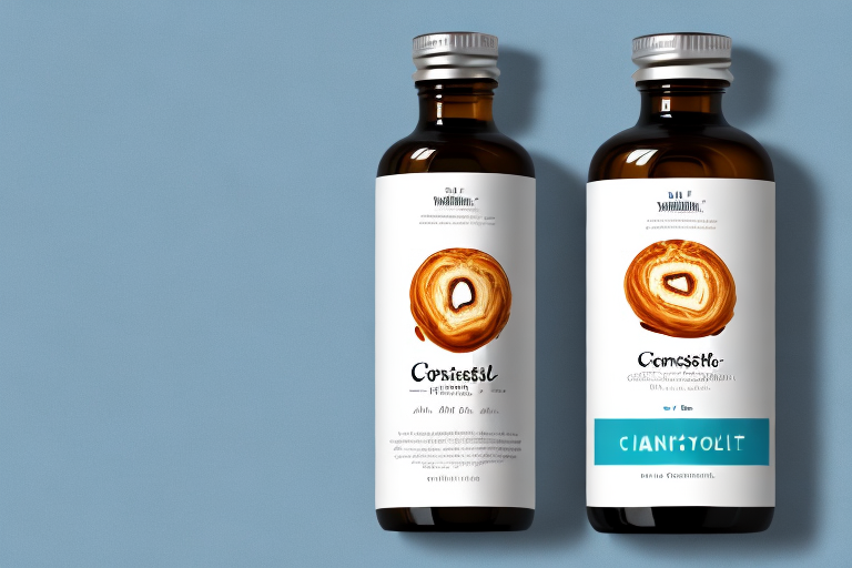 A croissant with a side-by-side comparison of a bottle of vanilla extract and a bottle of almond extract