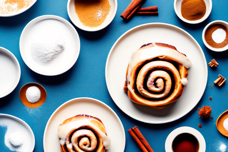 A plate of freshly-baked cinnamon rolls with ingredients scattered around