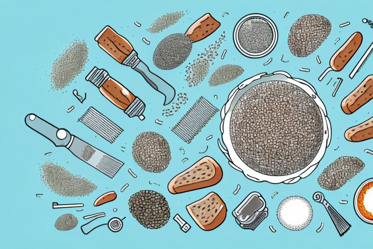 A loaf of chia seed bread with ingredients and tools used to make it