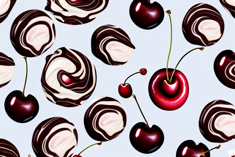 A delicious-looking cherry ice cream cake with a swirl of chocolate and cherries on top