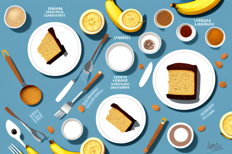 A vegan banana cake with ingredients and utensils