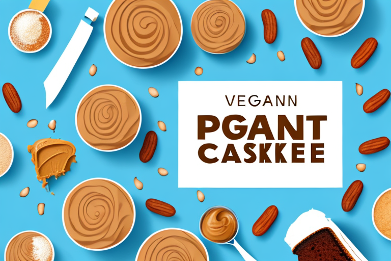 A vegan peanut butter cake with ingredients and decorations
