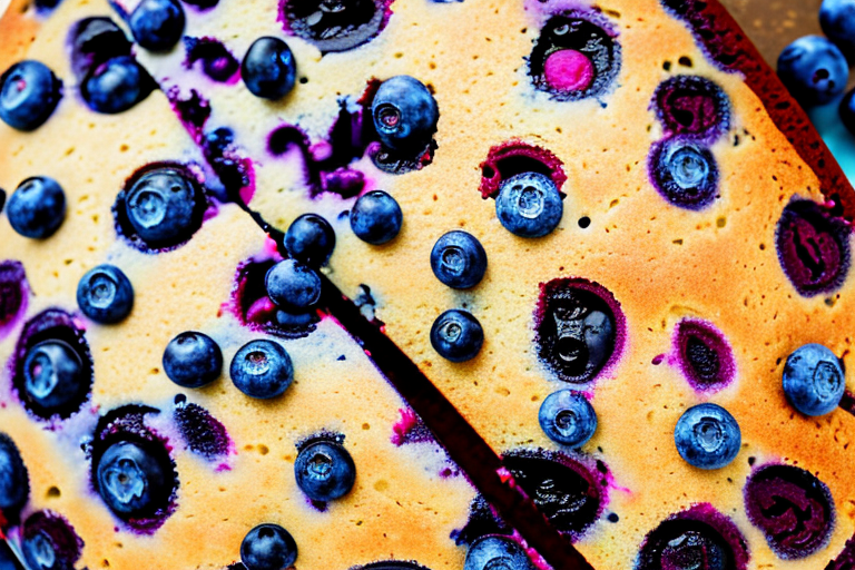 A vegan blueberry cake with a close-up view of the cake's layers and decorations