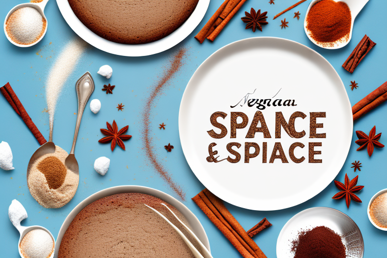 A vegan chai spice cake with spices and ingredients arranged around it