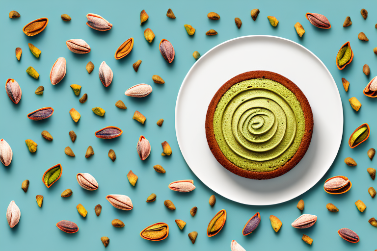 A vegan pistachio cake with decorative elements