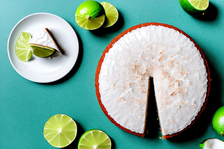 A vegan coconut lime cake with a slice cut out to show the inside