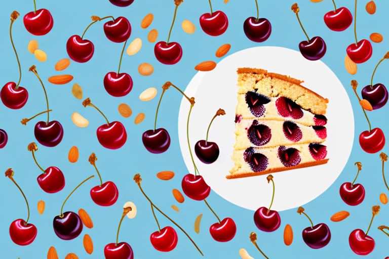 A vegan cherry almond cake with cherries and almonds scattered around it