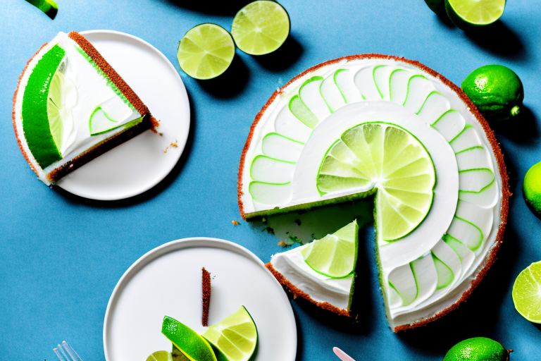 A vegan coconut lime mojito cake with a slice cut out