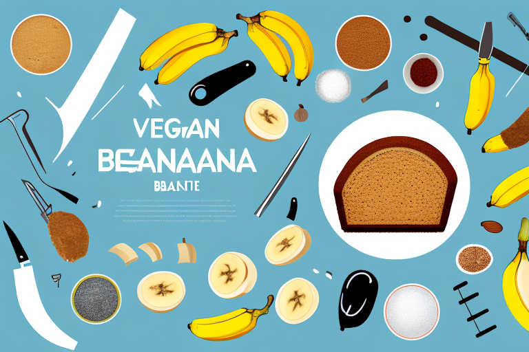 A vegan banana cake with ingredients and tools used to make it