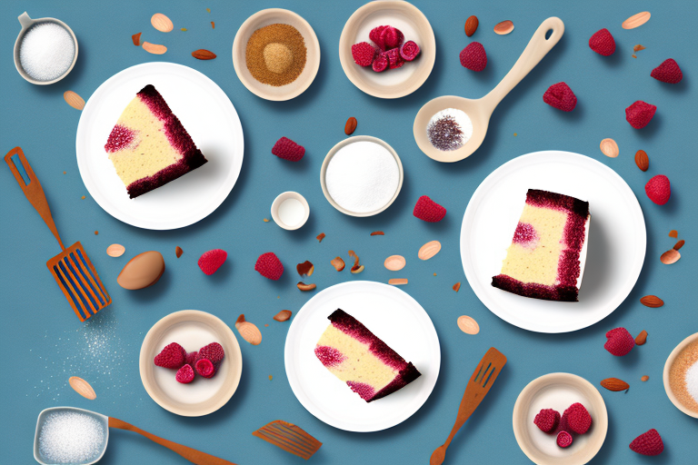 A vegan almond raspberry cake with ingredients and utensils