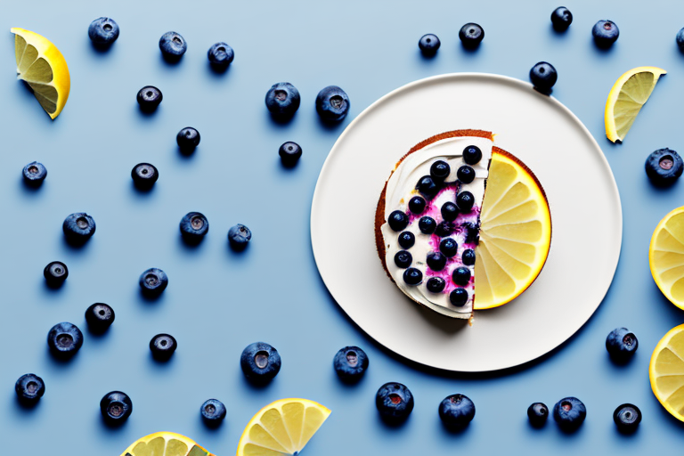 A vegan blueberry lemon cake with a slice cut out