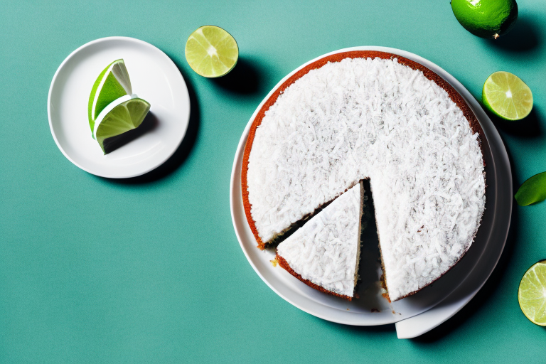 A vegan coconut lime cake with a slice cut out of it