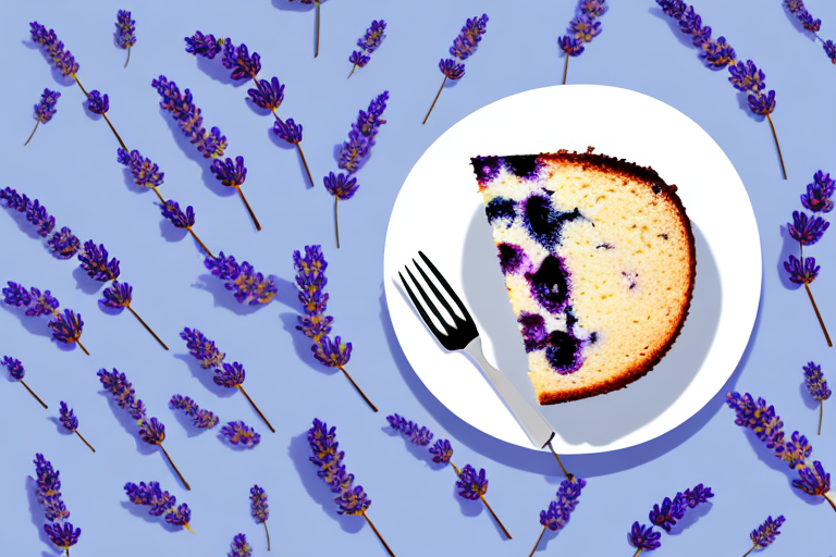 A vegan blueberry lavender cake with a slice cut out