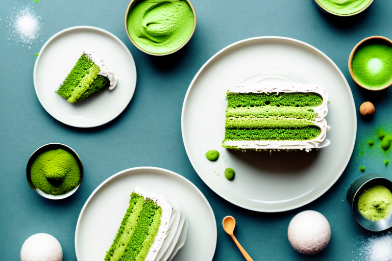 A vegan matcha coconut cake with ingredients and decorations