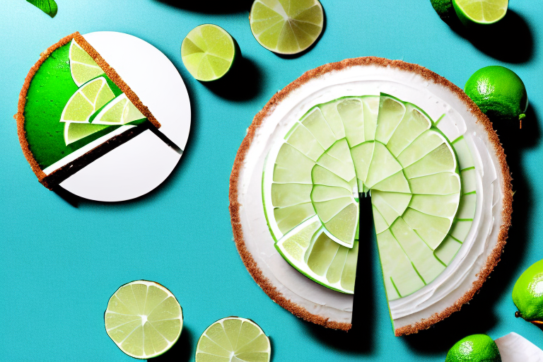 A vegan coconut lime mojito cake with a slice cut out to show the layers inside
