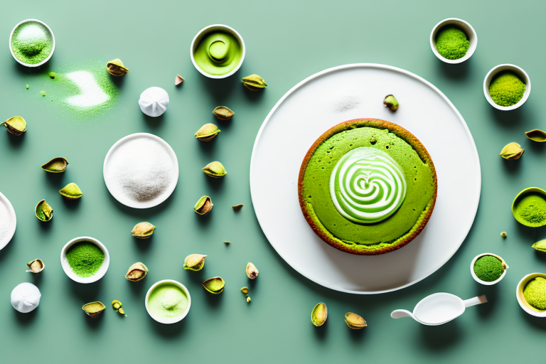 A vegan matcha pistachio cake with ingredients and decorations
