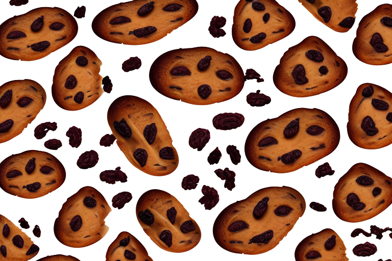 A loaf of raisin bread with a few raisins scattered around it