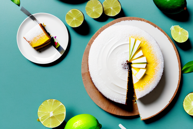 A vegan coconut lime mango cake with a slice cut out