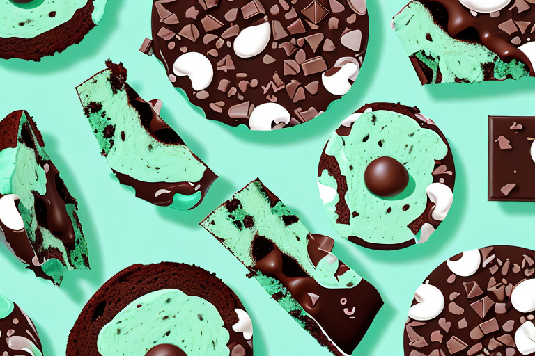 A vegan chocolate mint chip cake with a detailed view of the layers and decorations
