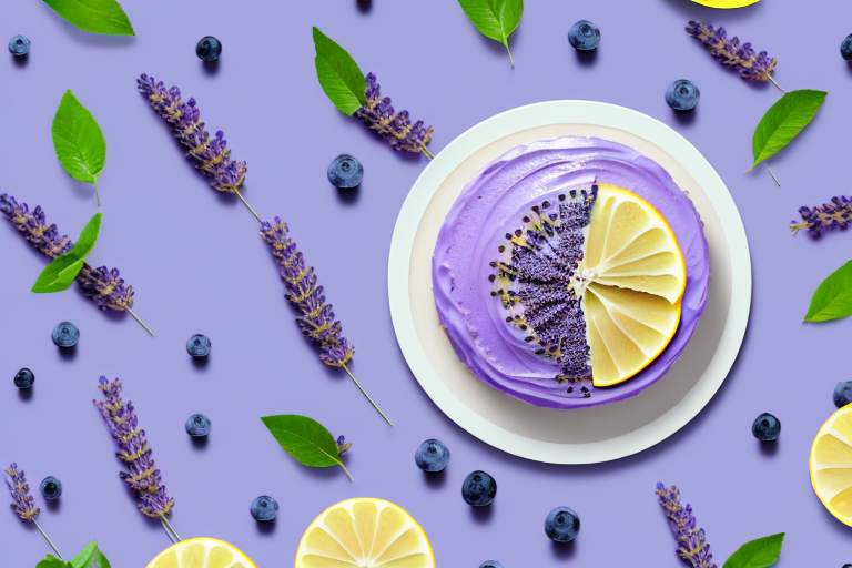 A vegan lavender blueberry lemon cake with a slice cut out