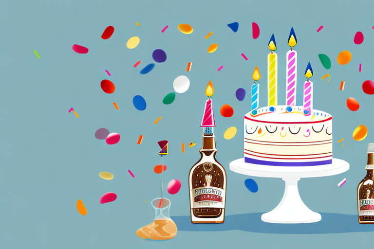 A 12-inch birthday cake with a bottle of baileys beside it