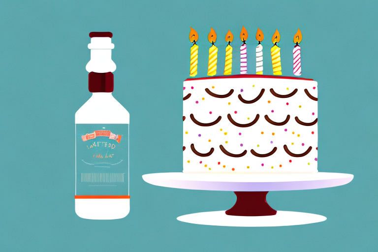 A 10-inch birthday cake with a bottle of maple extract beside it