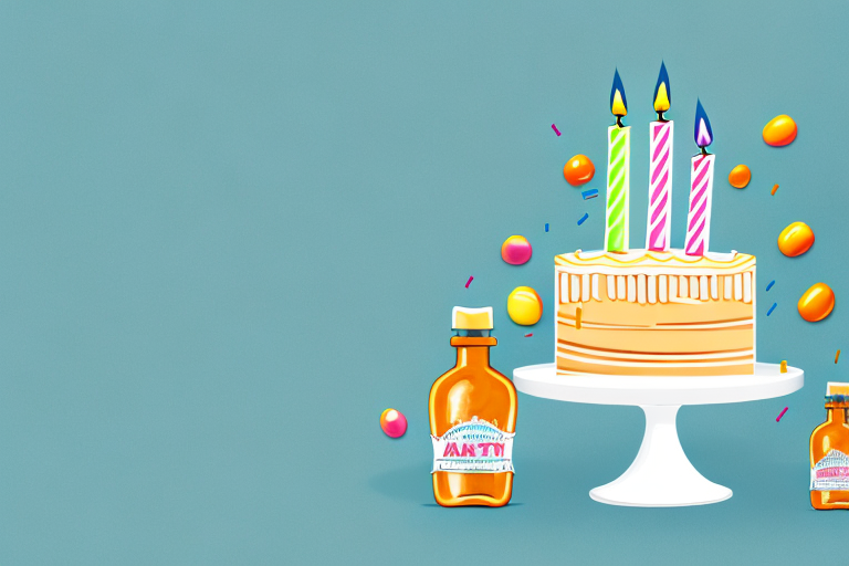 A 6-inch birthday cake with a bottle of butterscotch extract beside it
