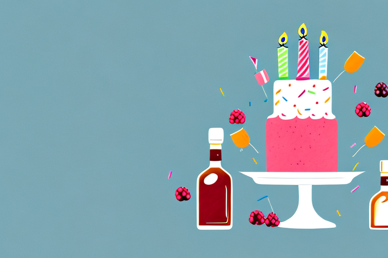 An 8-inch birthday cake with a bottle of raspberry liqueur beside it
